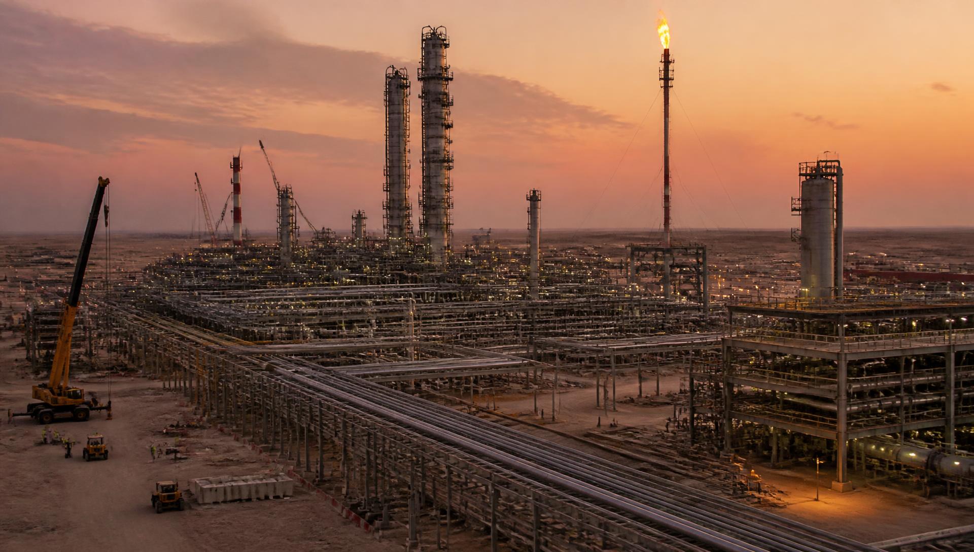 Gas processing plant under construction at dusk